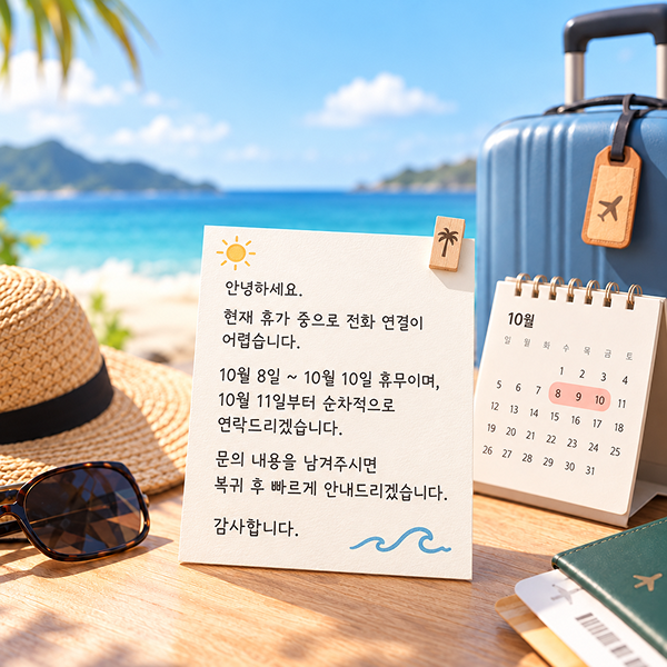 10월 8일부터 10일까지 휴무를 알리는 안내 카드 이미지